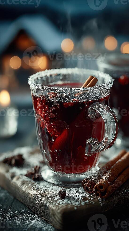 Warm spiced beverage with cinnamon and berries served in a cozy setting during winter evenings photo