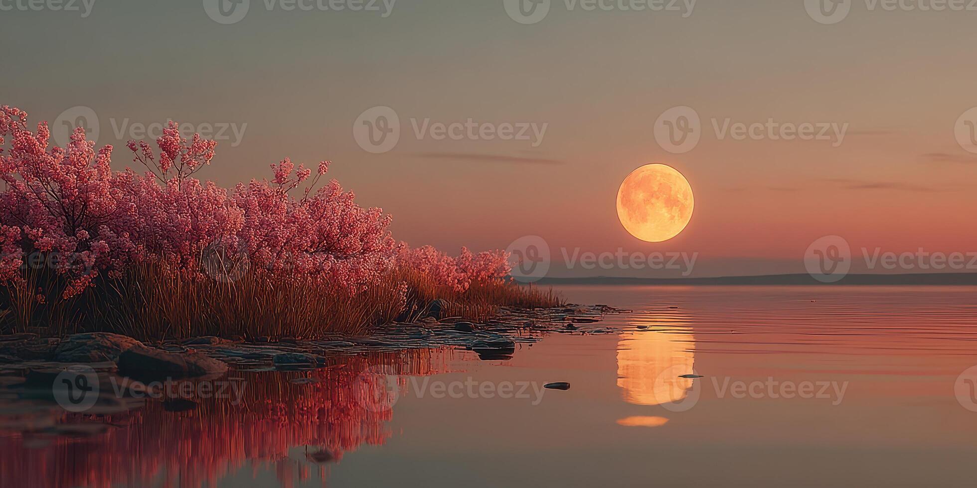 Moonlit reflection on a serene lake surrounded by blooming cherry blossoms at dusk photo