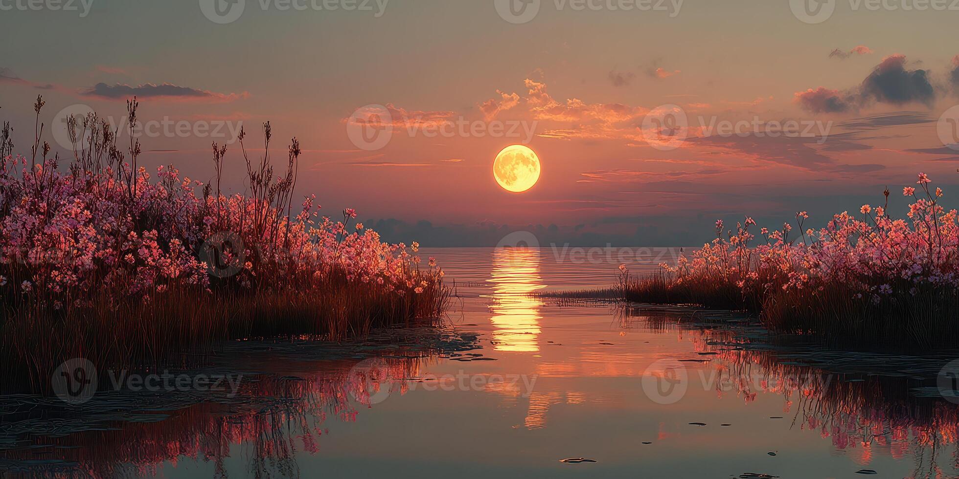 Vibrant sunset over calm water with blooming flowers and a glowing moon in the sky photo