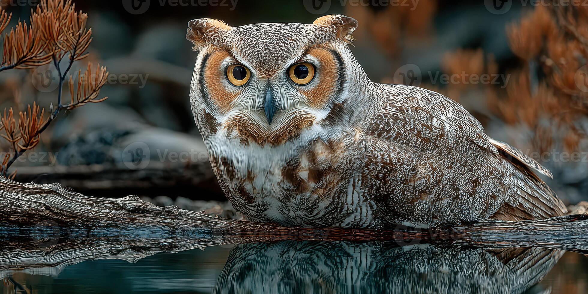 Great horned owl perched by a tranquil lake during early morning hours in a serene natural habitat photo