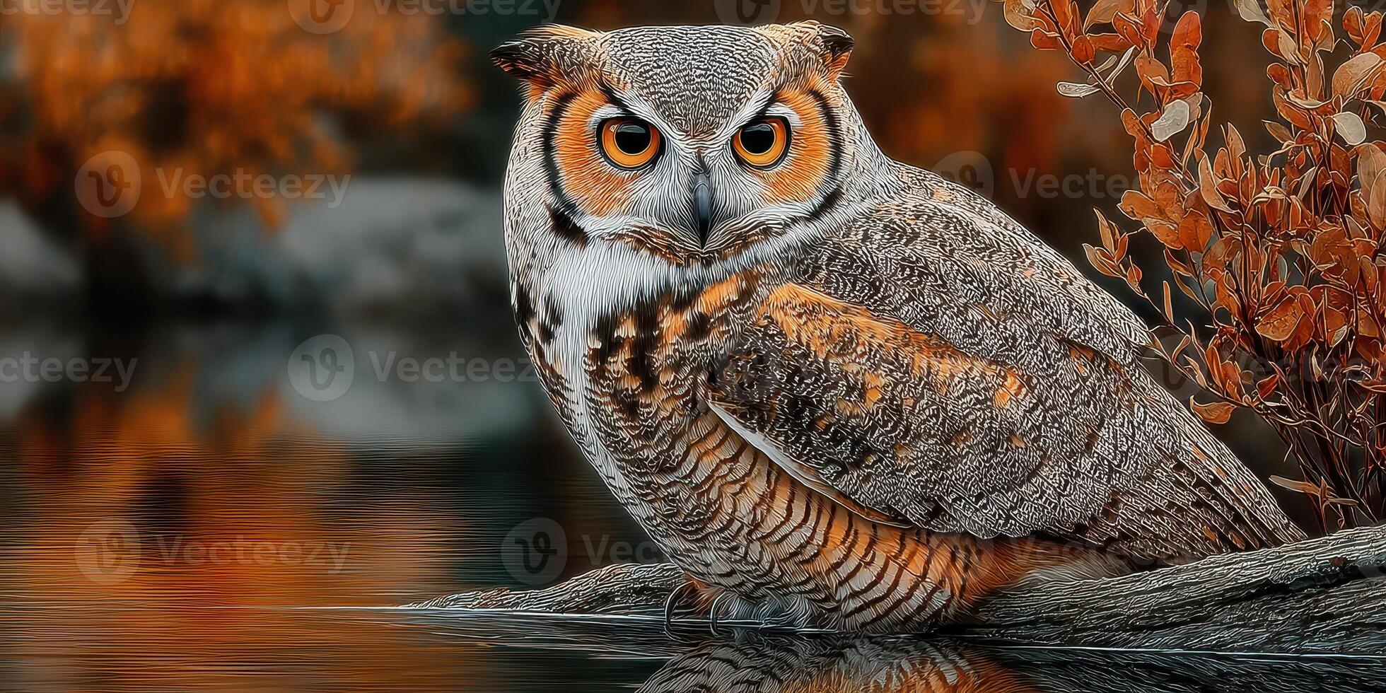Majestic owl perched by the water amidst vibrant autumn leaves in a serene landscape during sunset photo