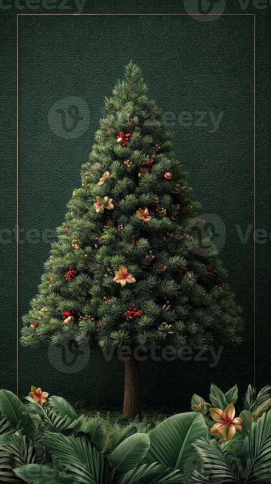 Festive evergreen tree adorned with decorations and flowers set against a dark green background for holiday celebrations photo