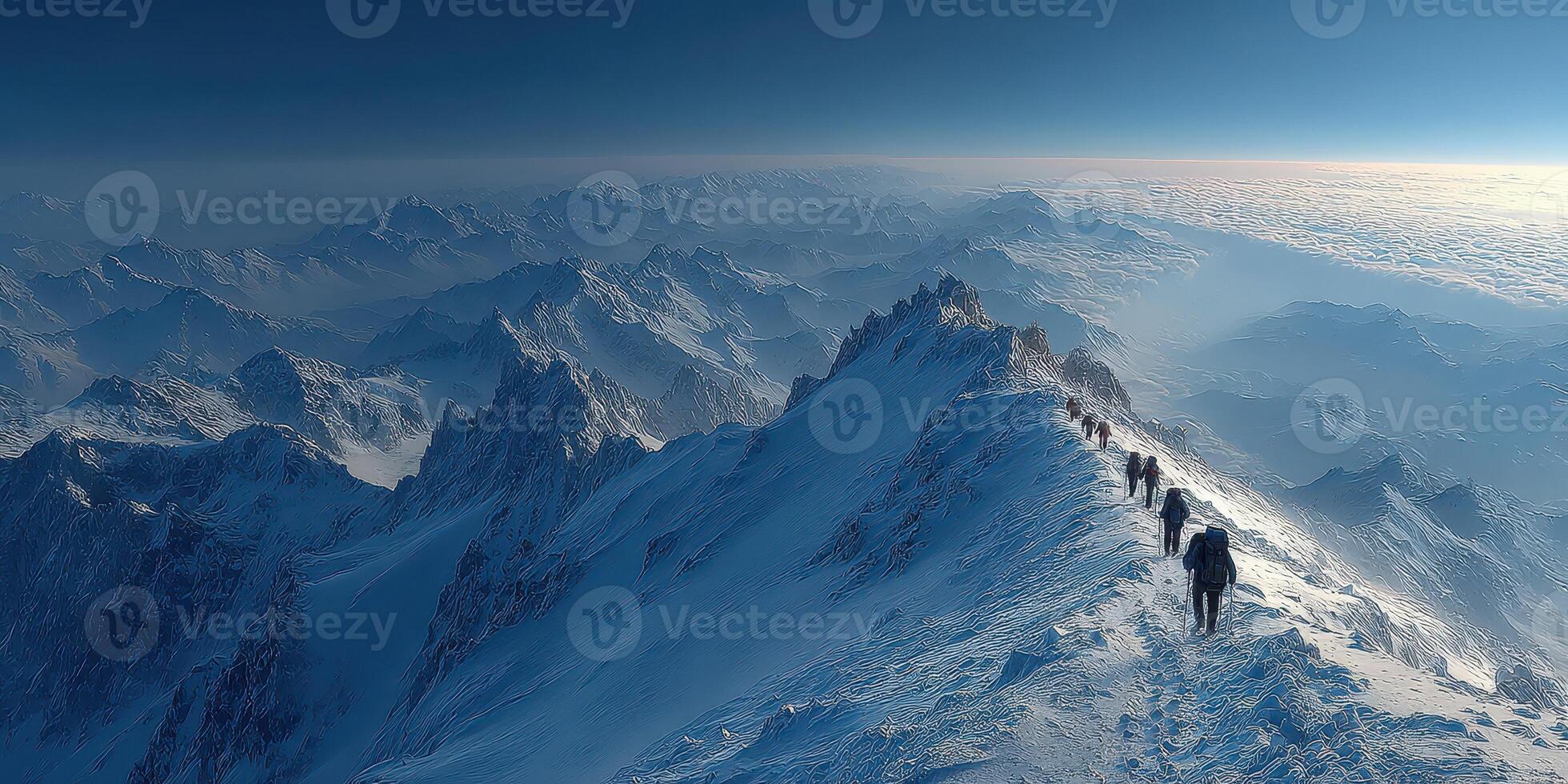 Hikers traversing a snowy mountain peak at dawn with breathtaking views of the surrounding landscape photo