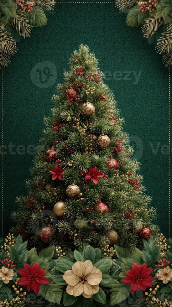 Festively decorated Christmas tree with ornaments and blooms against a dark green backdrop photo