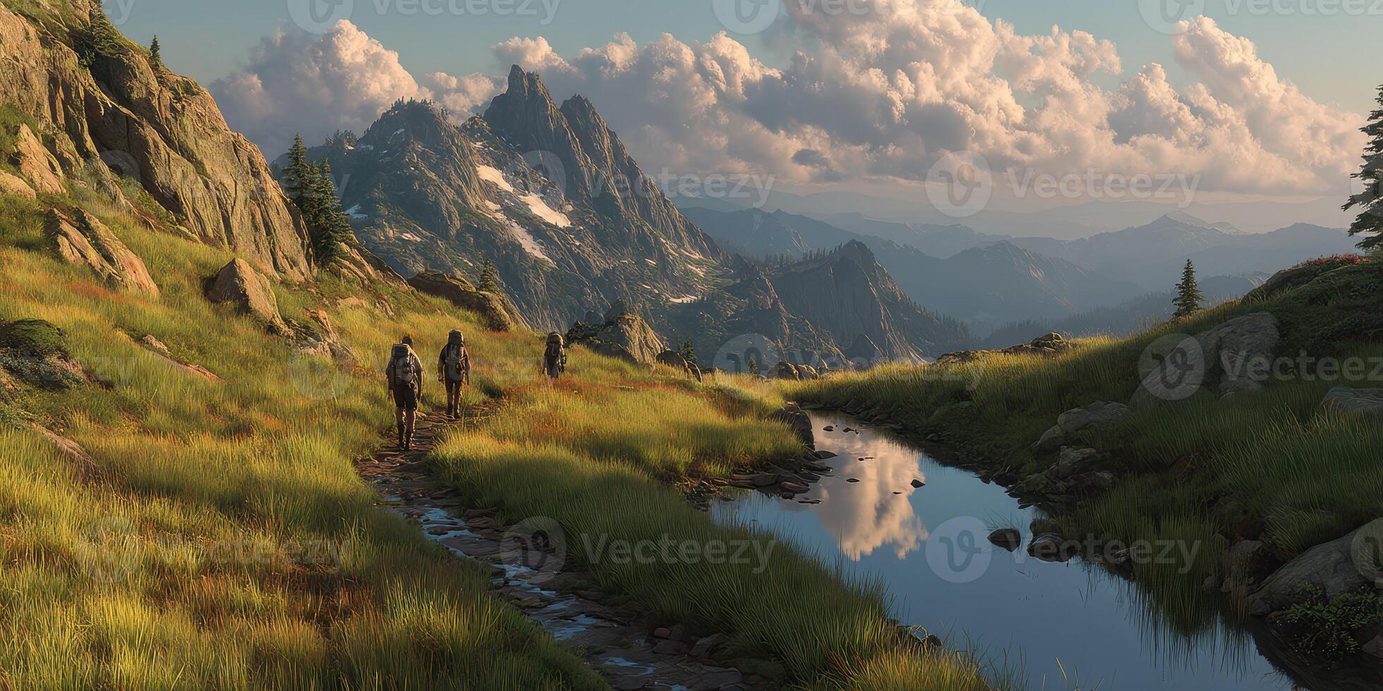 Hikers explore a scenic mountain trail during golden hour with reflections in a peaceful stream photo