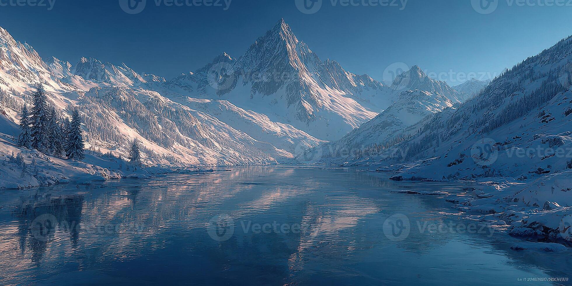 Majestic snowy mountains reflect in a serene lake during twilight in a winter wonderland landscape photo