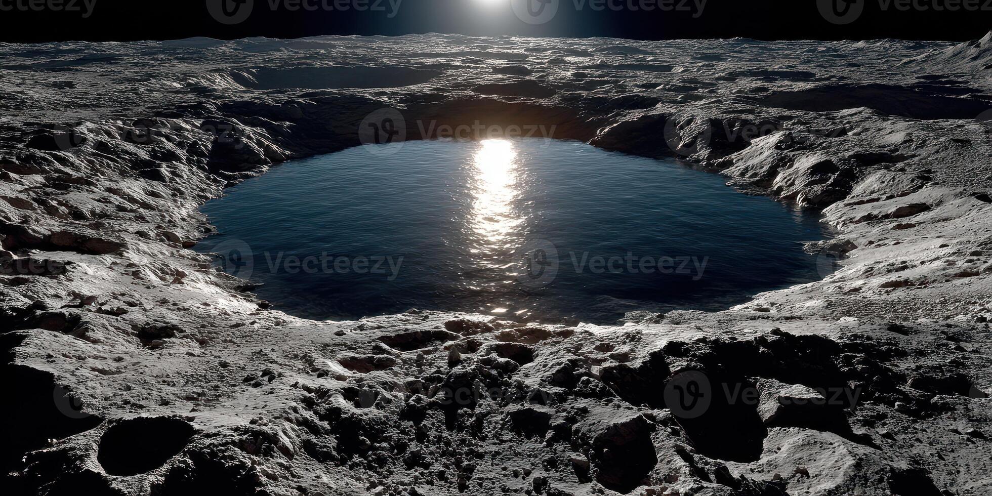 Moon surface with a reflective pool under lunar sunlight at dawn photo