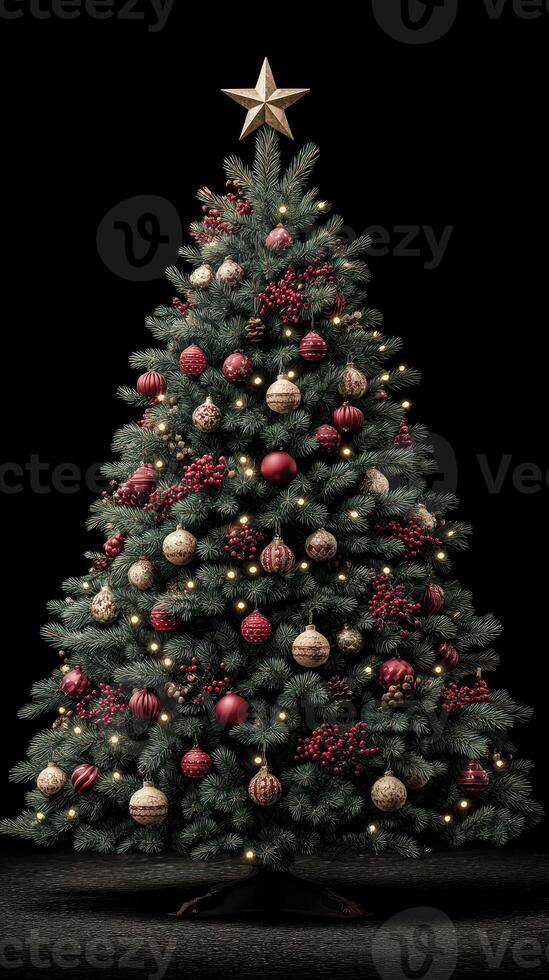 Elegant Christmas tree adorned with red and gold ornaments, glowing lights, and a star topper for a festive atmosphere photo