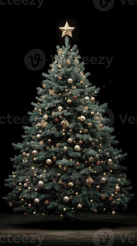 Elegant Christmas tree adorned with golden decorations and sparkling lights for festive celebrations photo