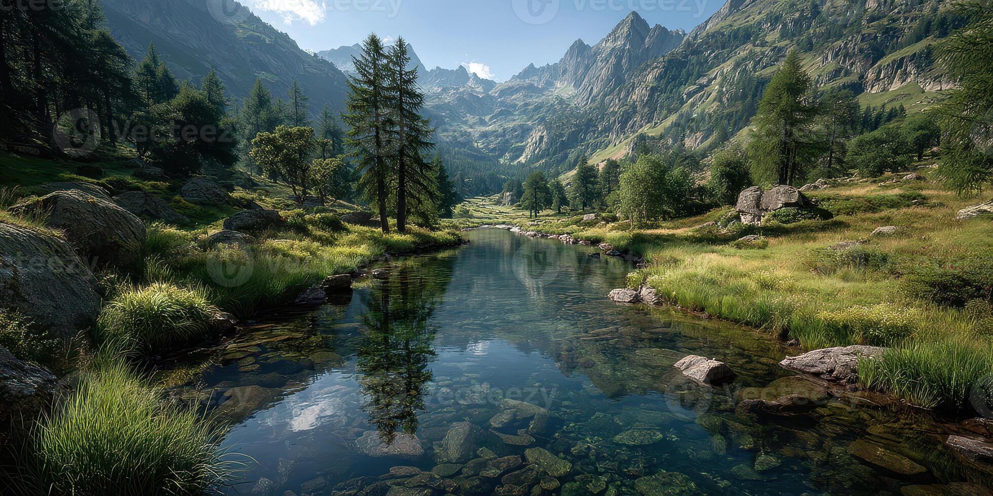 Serene mountain landscape with clear river reflecting trees and peaks in daylight photo