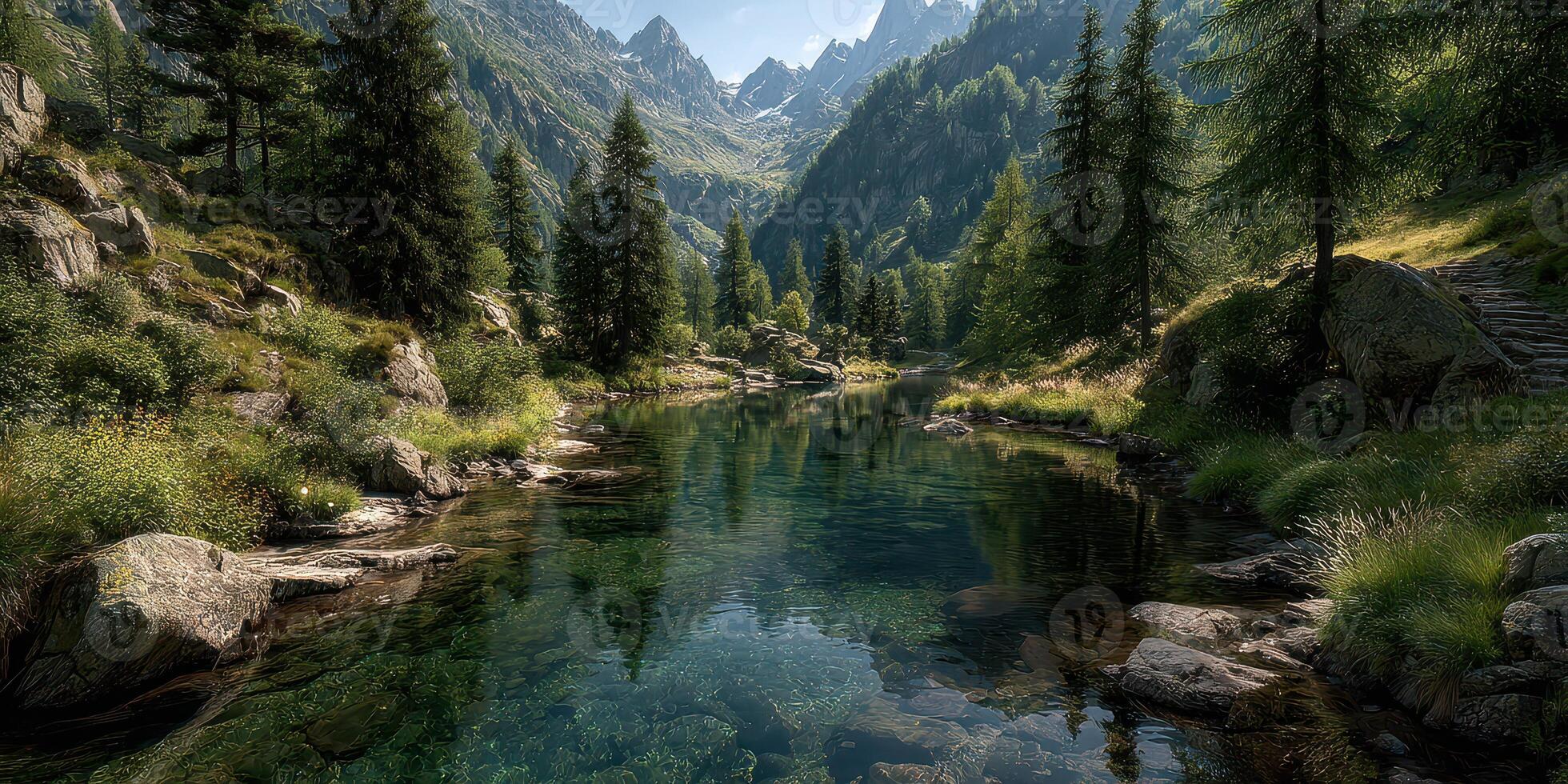 Stunning mountain landscape with clear water stream reflecting surrounding pine trees in the serene valley photo