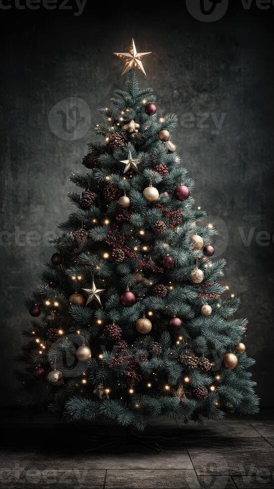 Elegant Christmas tree adorned with ornaments and lights for a festive celebration in a cozy indoor setting photo
