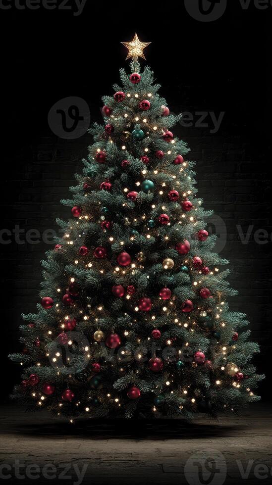 Festively decorated Christmas tree adorned with colorful ornaments shining brightly at night photo