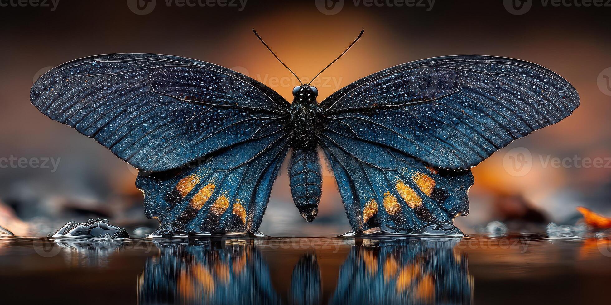 Beautiful blue butterfly resting on water reflecting vibrant colors during sunset in a tranquil environment photo