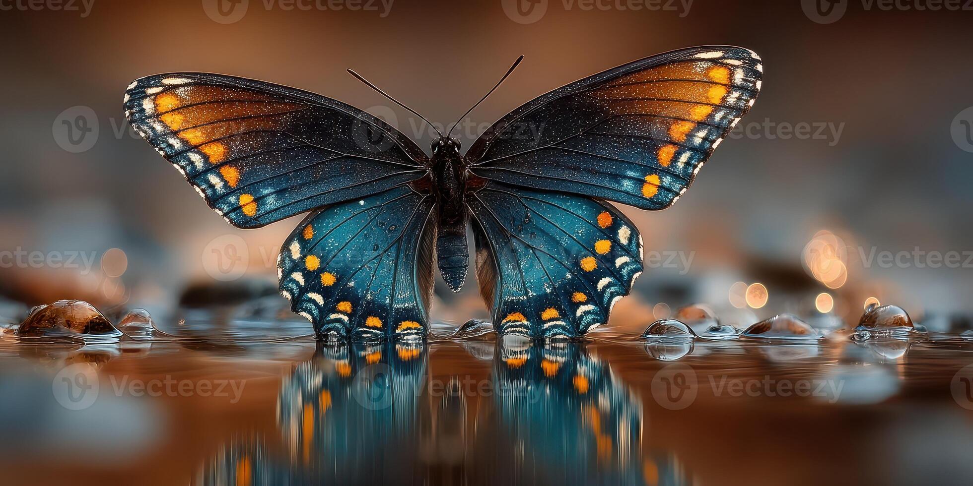 Beautiful butterfly perched on wet surface reflecting calm surroundings during early morning hours photo
