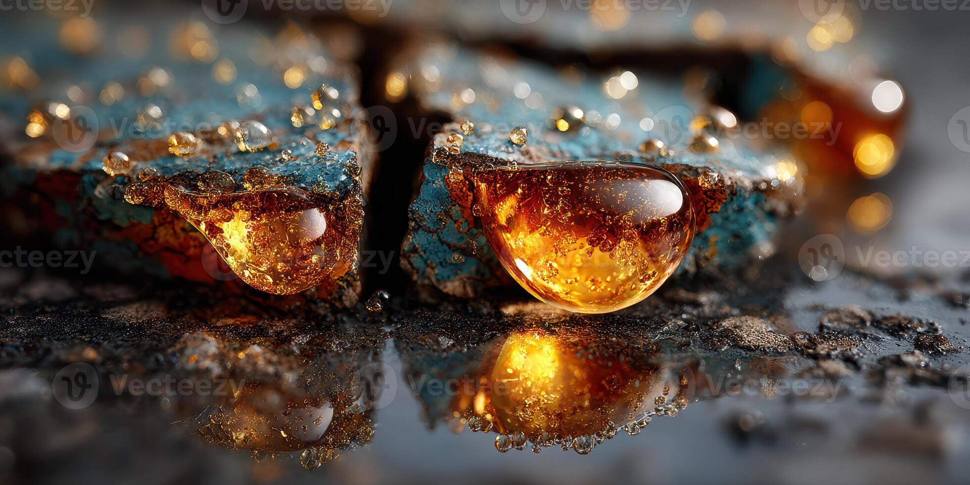 Close-up detail of vibrant amber droplets resting on textured surface in a cool environment highlighting colors and reflections photo