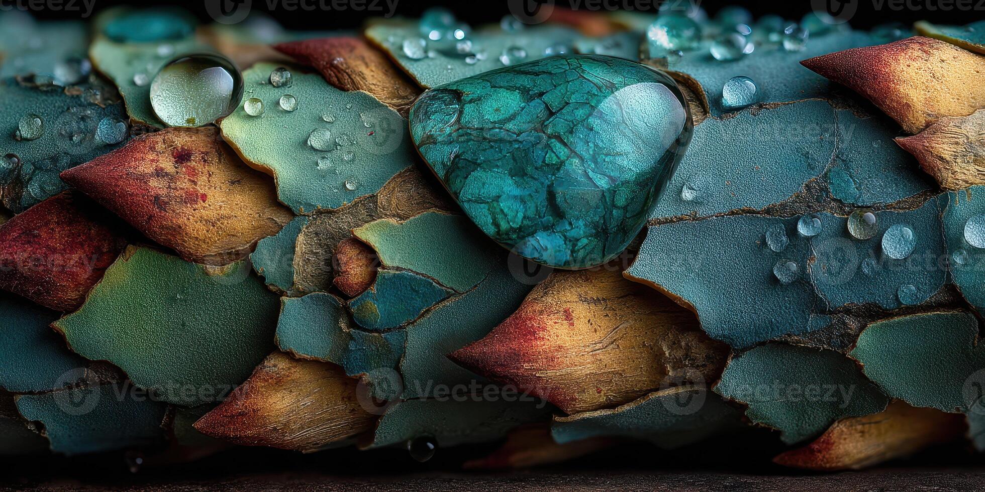 Texture of colorful bark with turquoise stone and droplets on a surface photo