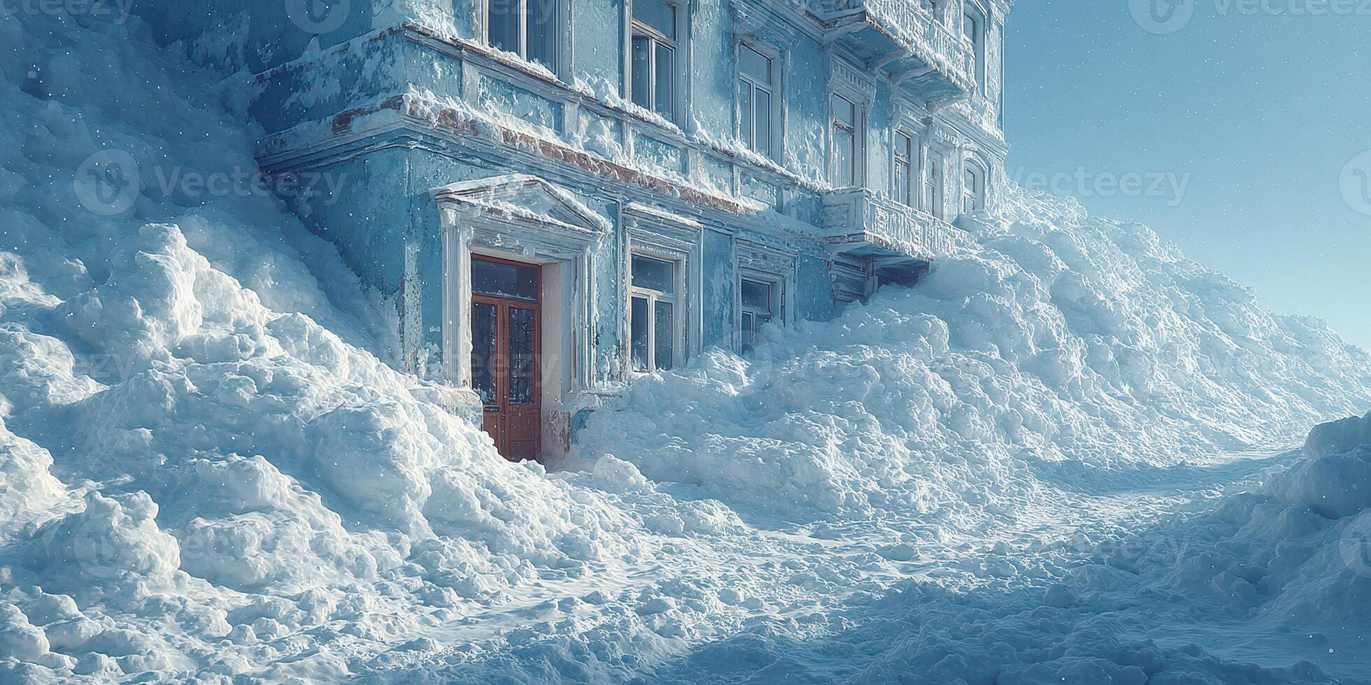 Snowdrifts surround abandoned building in winter landscape with deep snow in a remote location photo