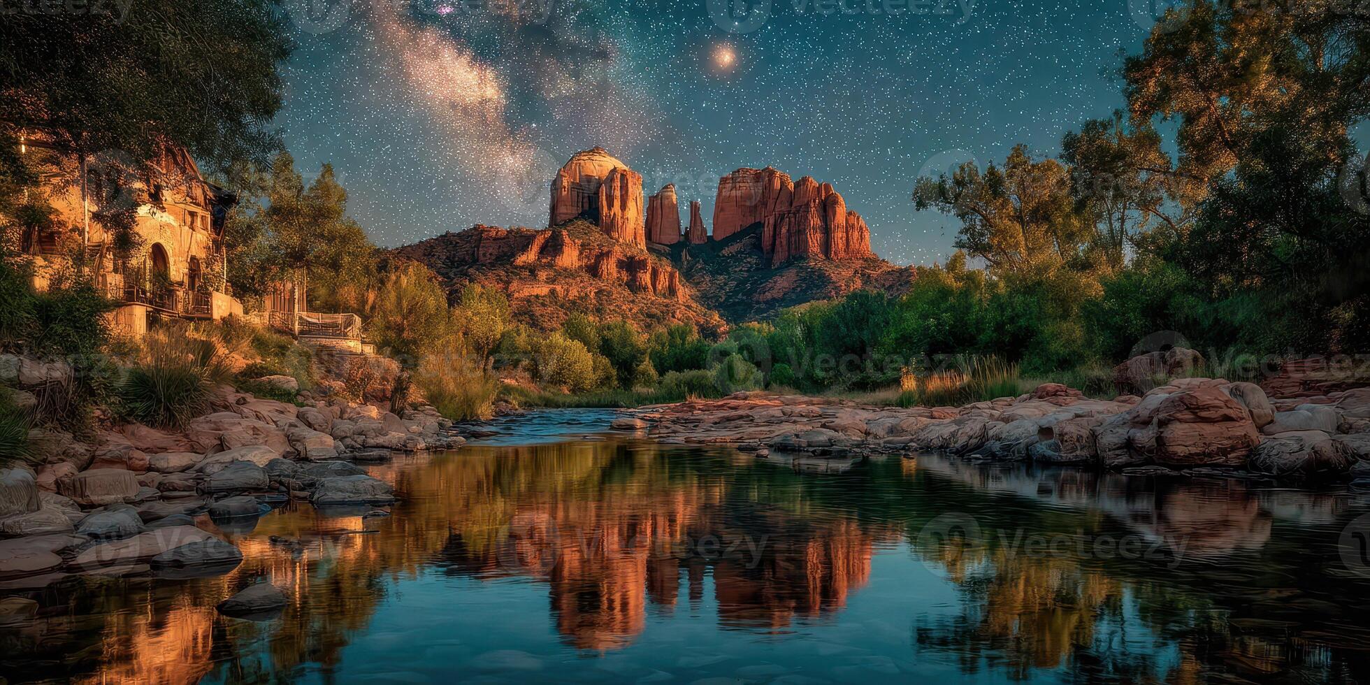 Starlit reflection over a serene river near iconic rock formations in a tranquil natural setting photo