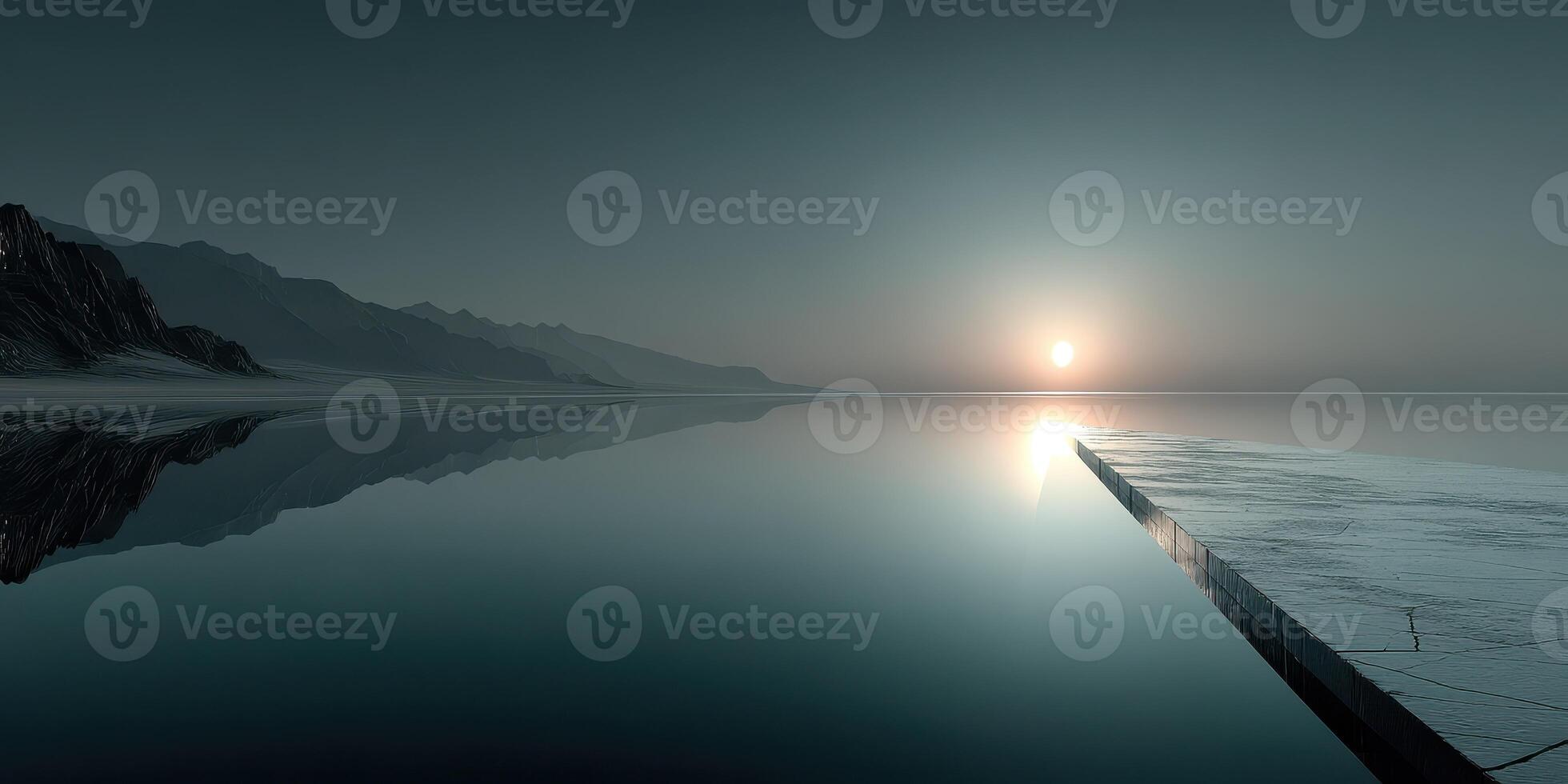 Serene sunset reflected on calm waters near distant mountains at twilight photo