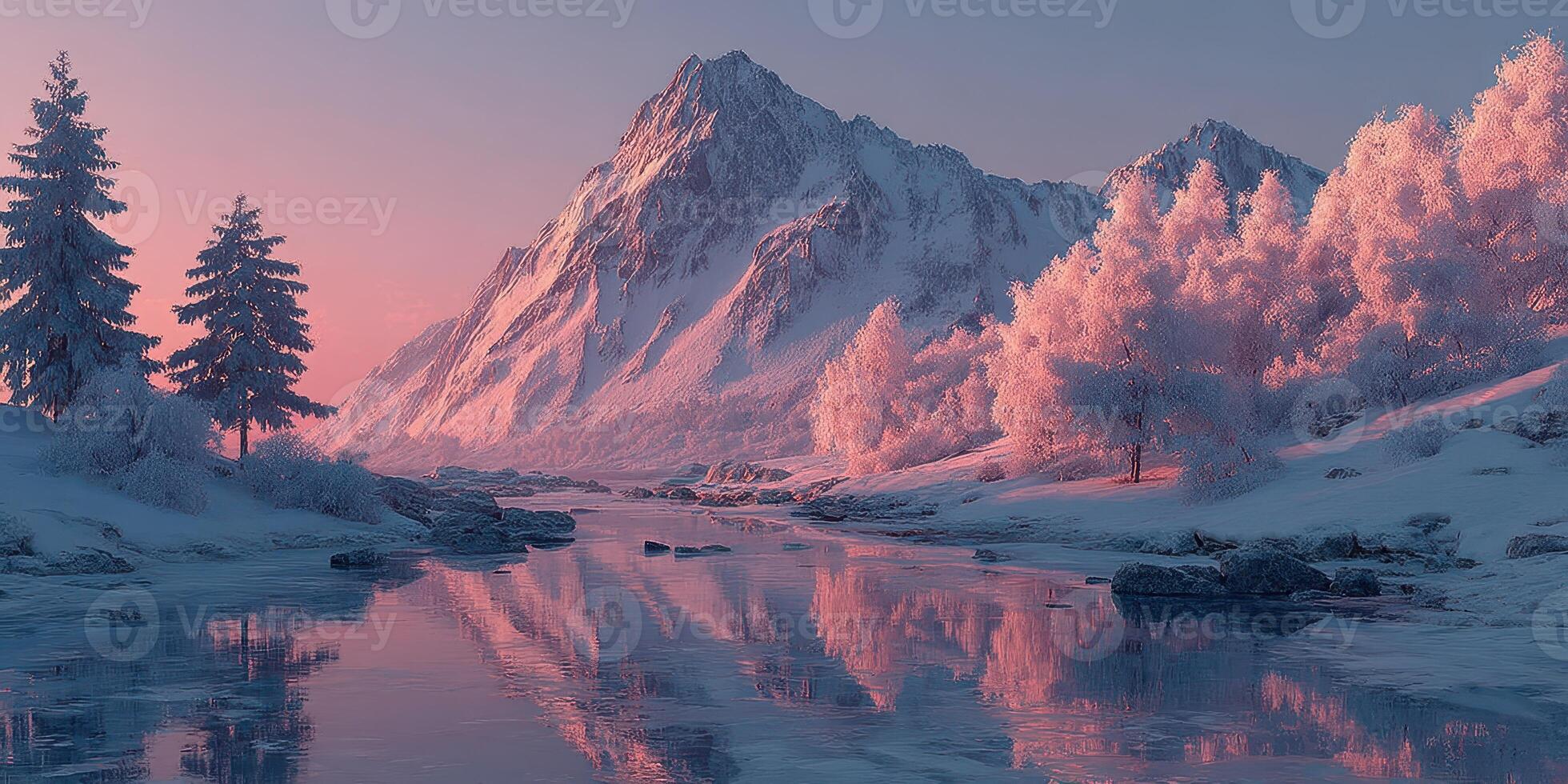 Majestic mountains reflect in a serene river at dawn with frosty trees and soft pink hues illuminating the winter landscape photo