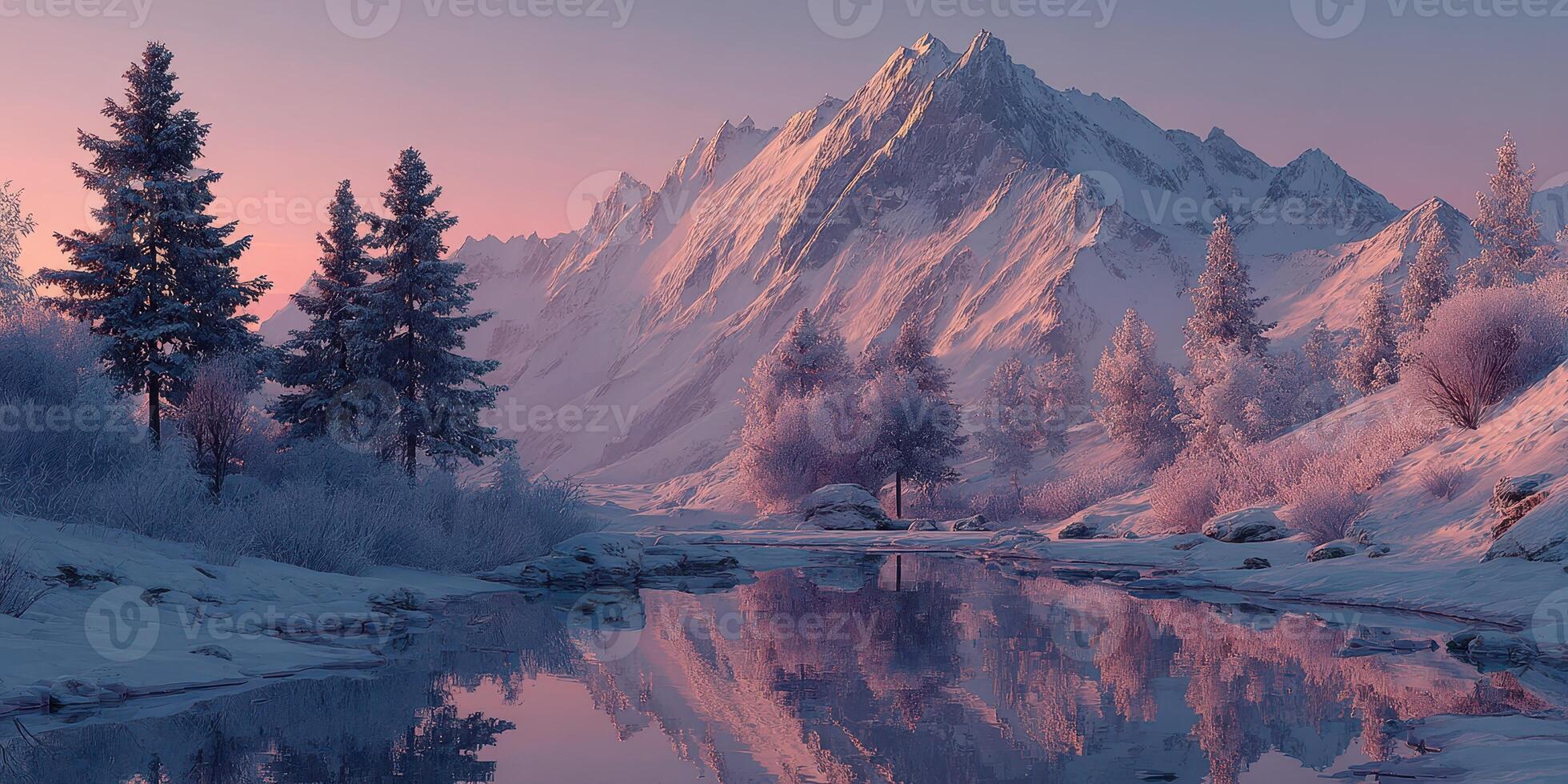 Winter landscape with snow-covered mountains and a tranquil river at dawn photo