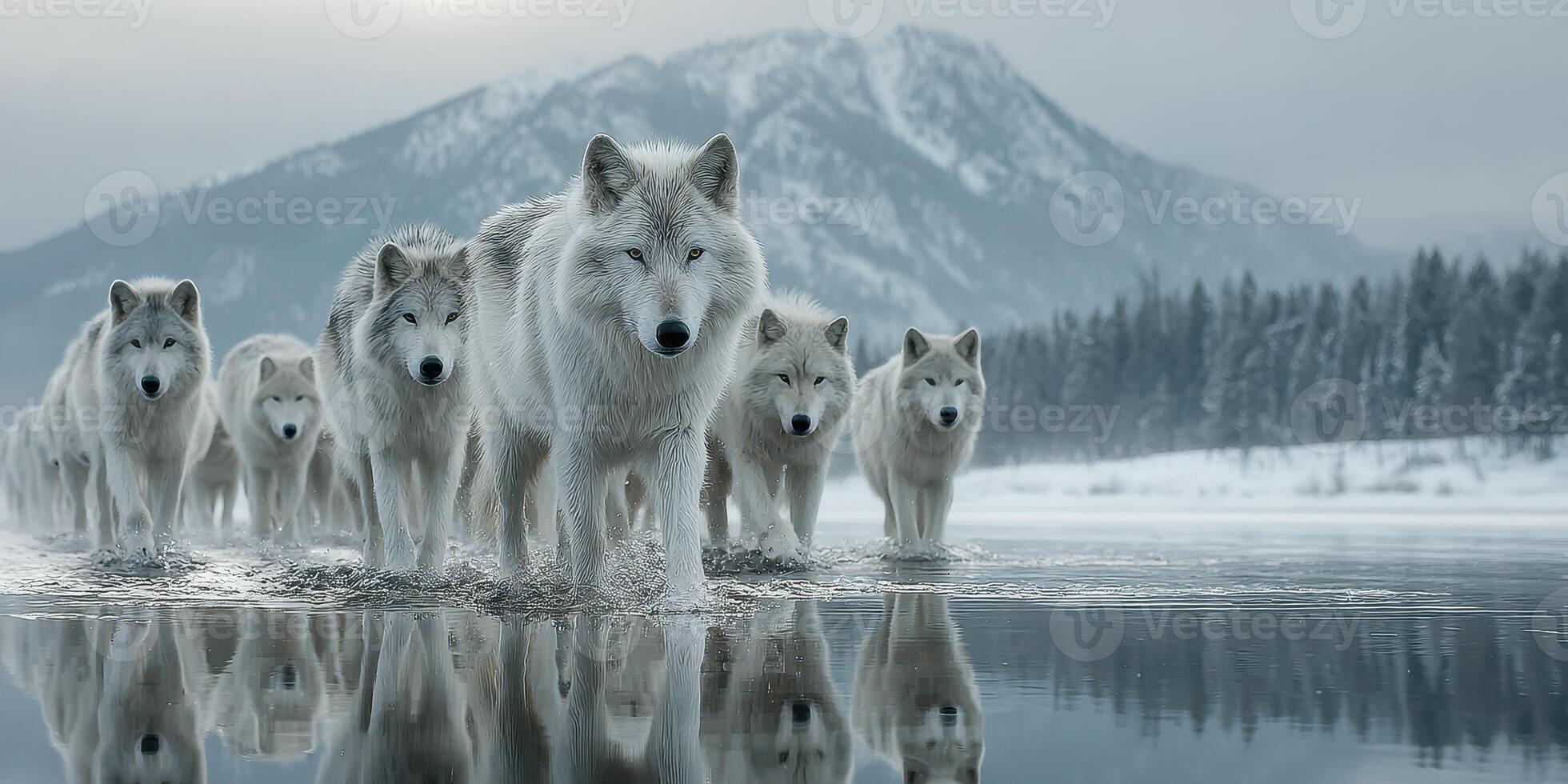 Herd of white wolves crossing a frozen lake with mountains in the background during winter photo