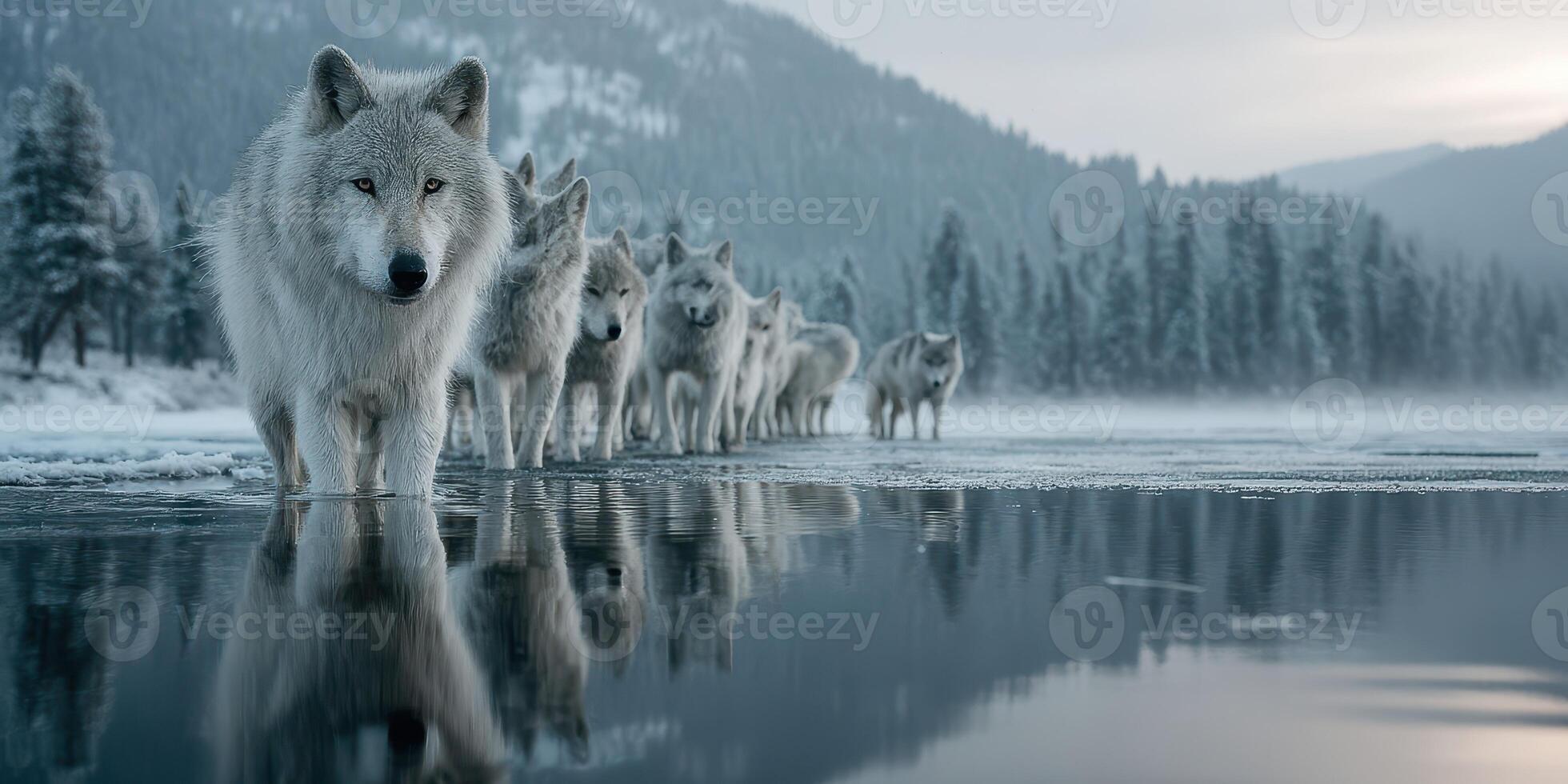 Pack of wolves walking on icy water in a serene winter landscape at dawn photo