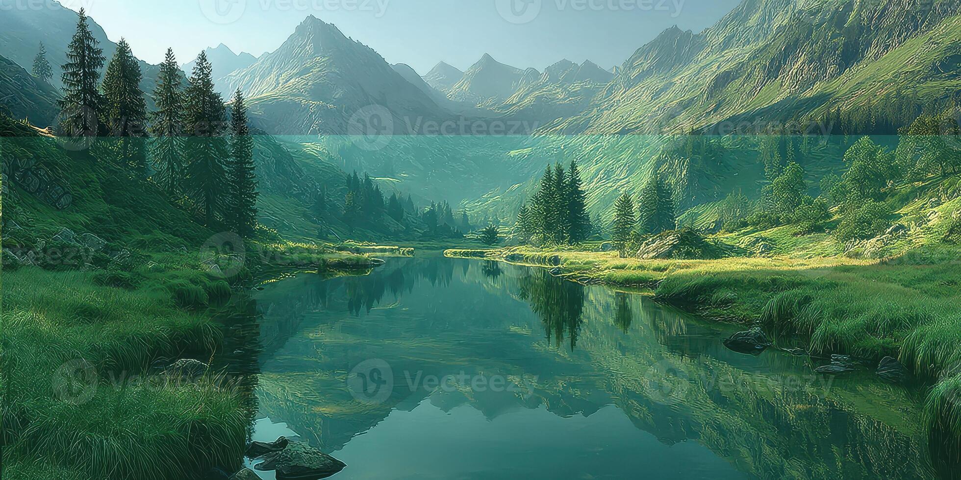 Serene mountain landscape with reflective lake and lush greenery during early morning light photo