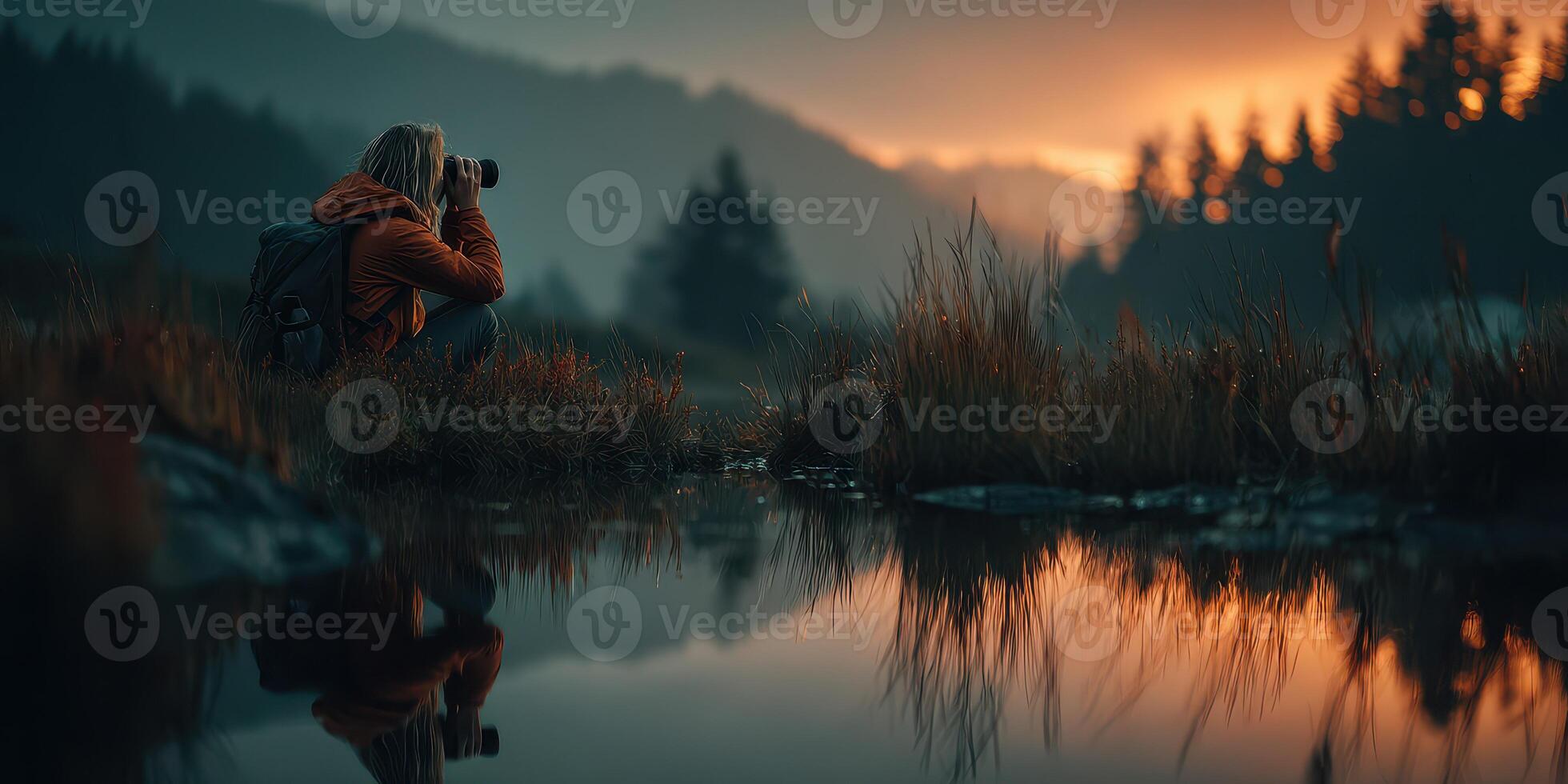 Capturing beauty at dawn near a tranquil lake surrounded by mountains and trees during the early morning light photo