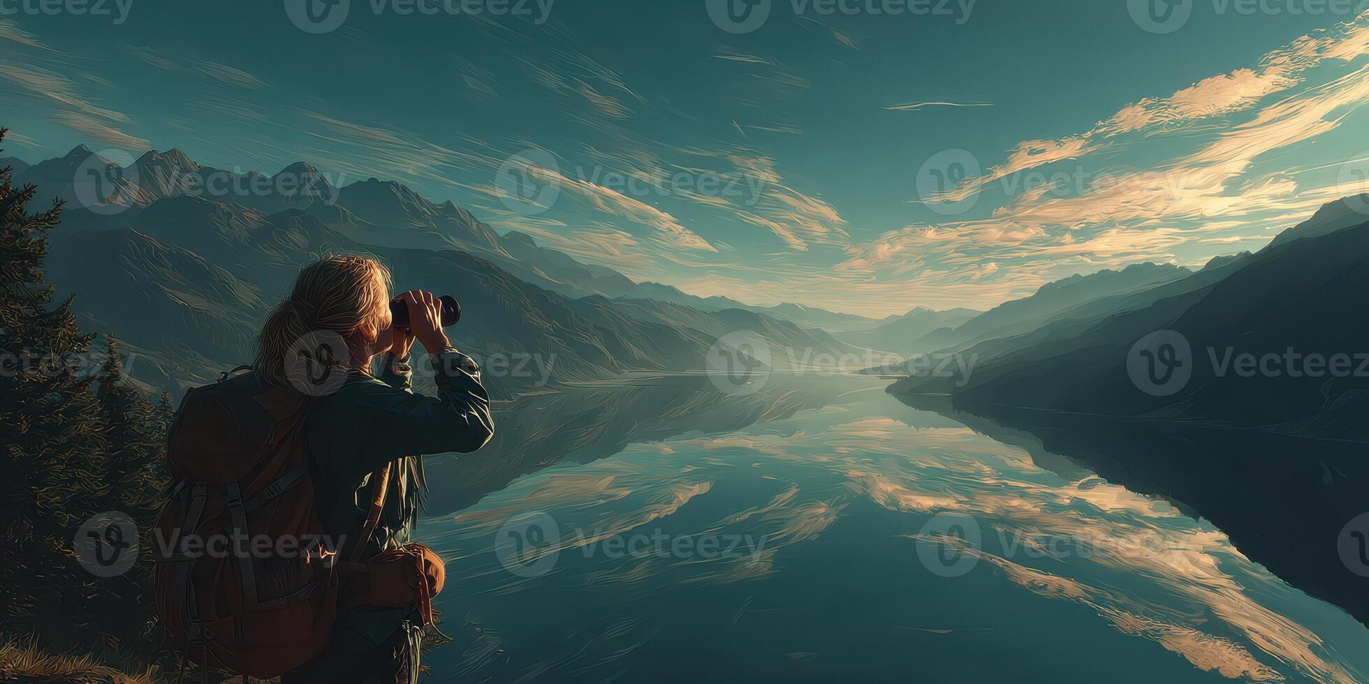Beautiful landscape with hiker capturing scenic view of mountains and lake at sunrise in Switzerland photo