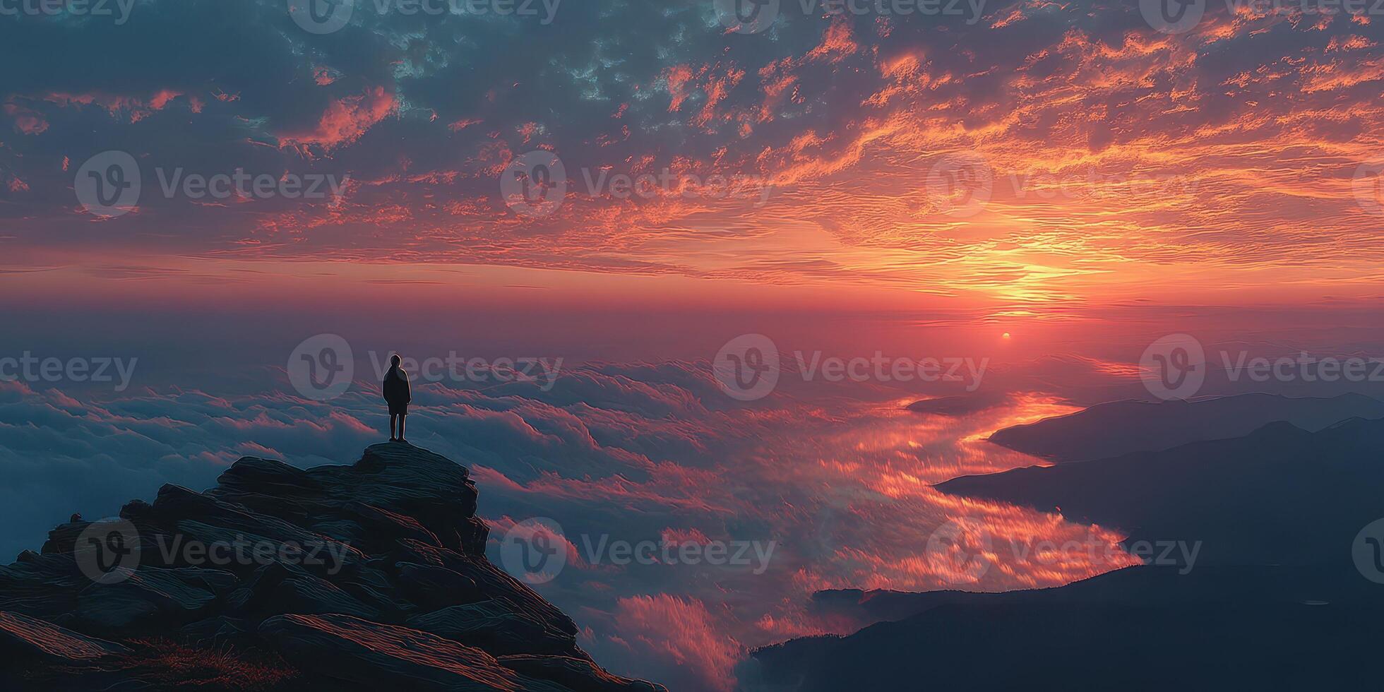 Sunset view from mountain peak with person standing on rocky ledge against dramatic clouds and serene waters below photo