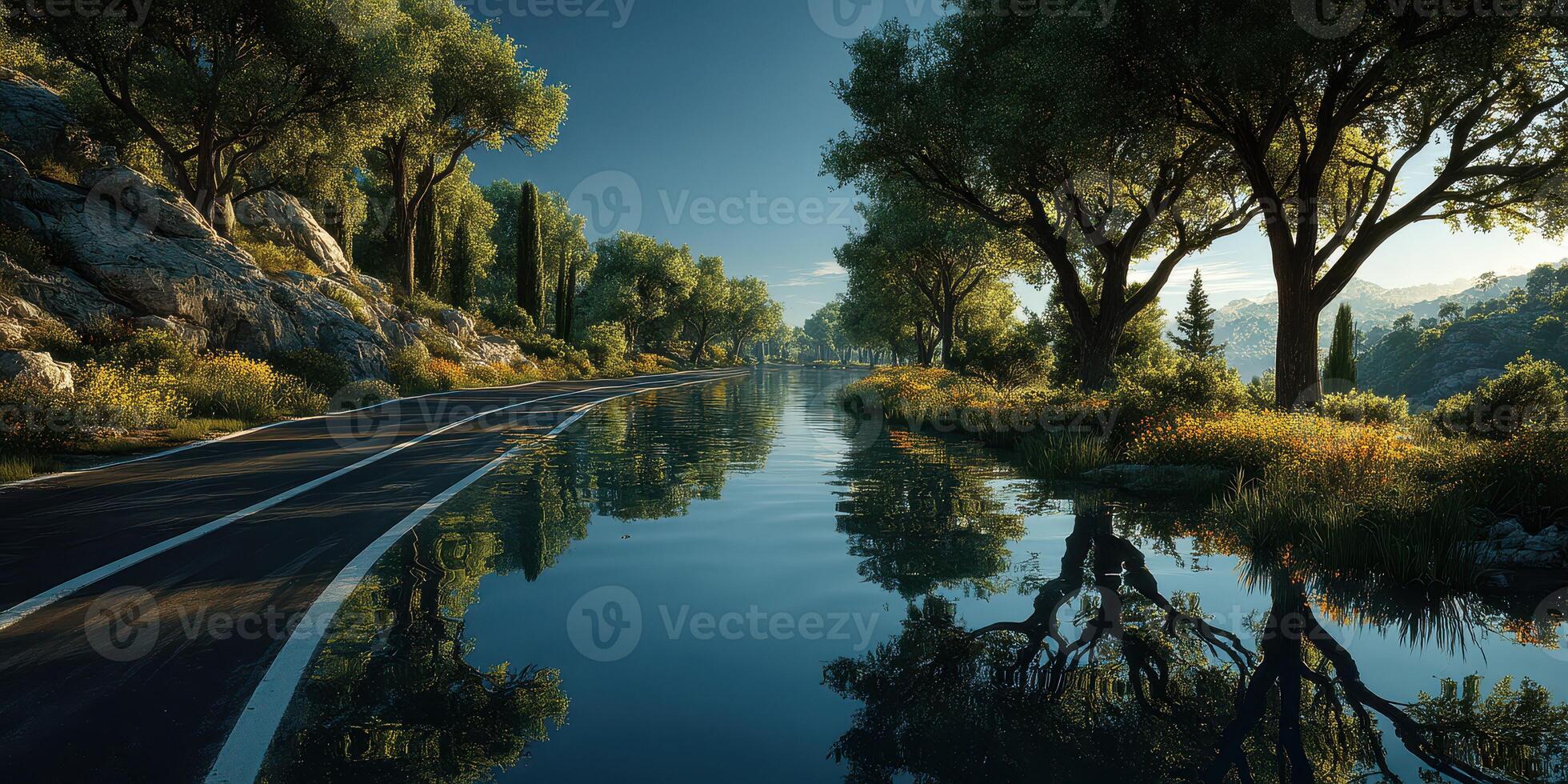 Serene riverside road surrounded by lush trees and calm water at dawn in a tranquil countryside landscape photo