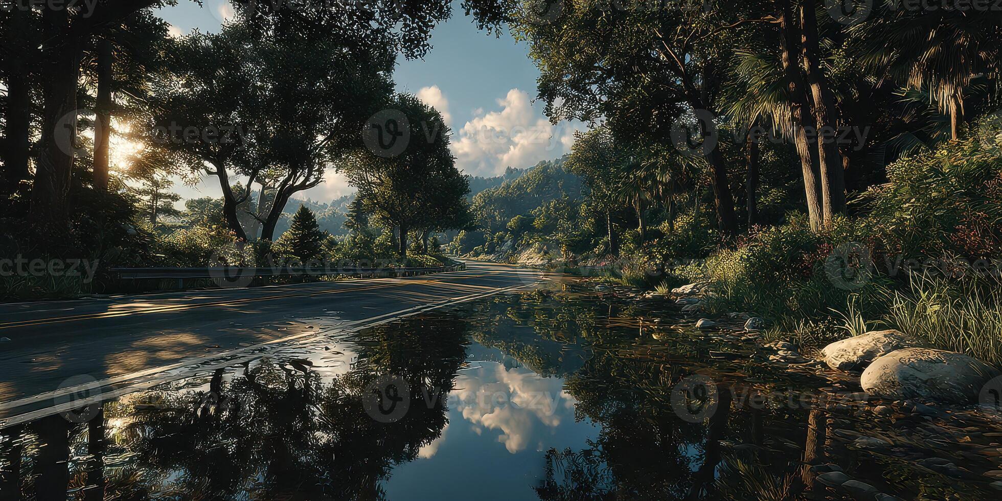 Lush landscape featuring a reflective road and serene water bodies under bright skies photo