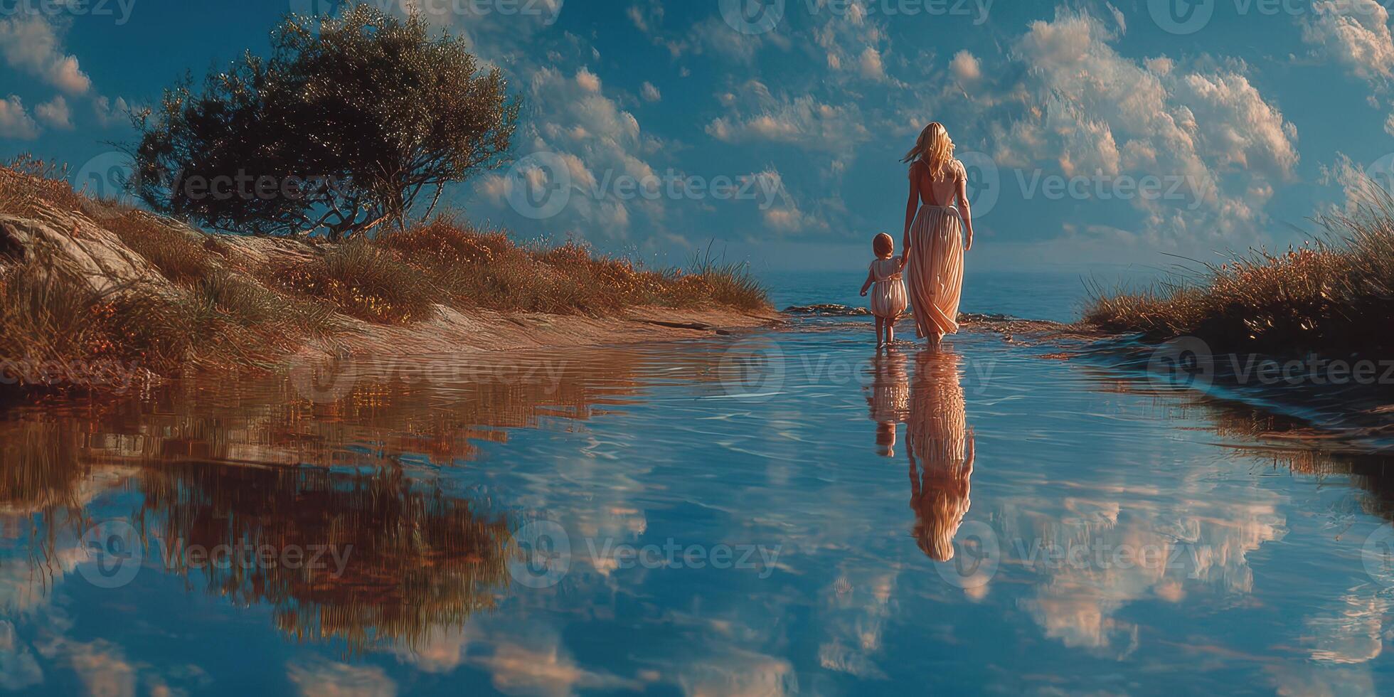 Mother and child walking along a reflective water pathway at sunset near the ocean photo