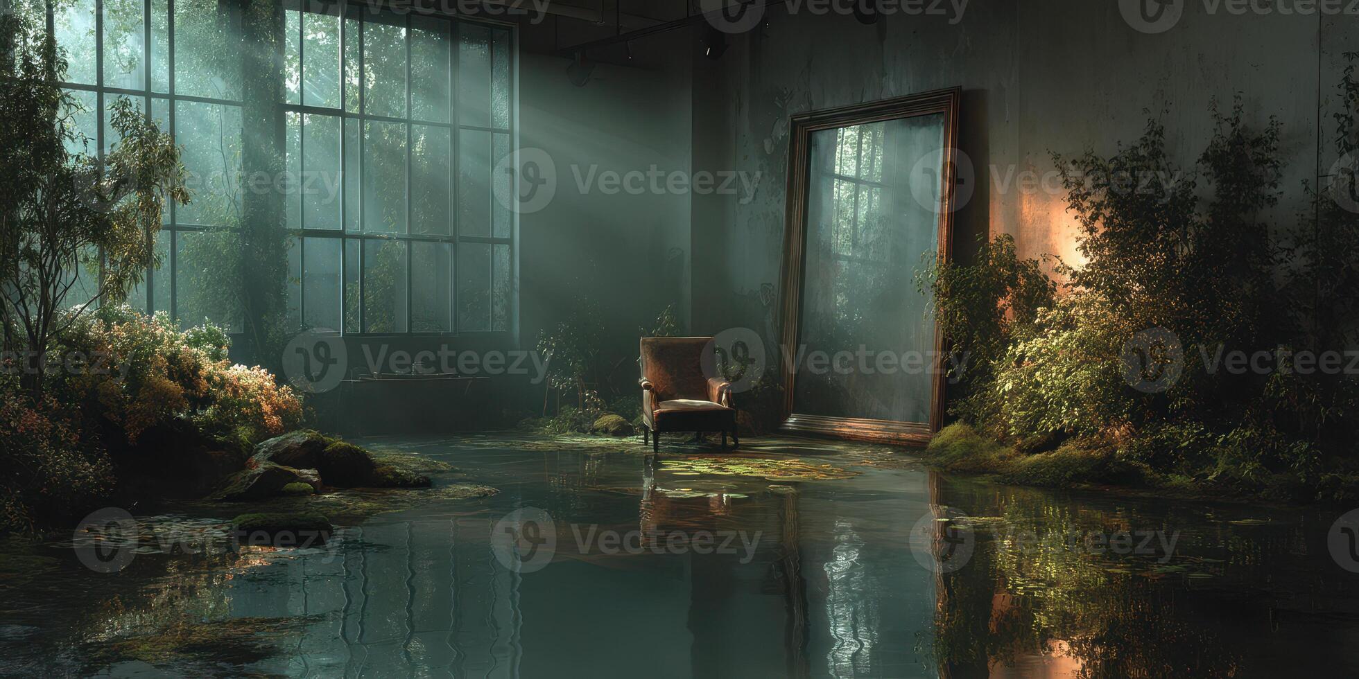 Mysterious interior with a single chair and large mirror under soft light in a serene, overgrown environment photo
