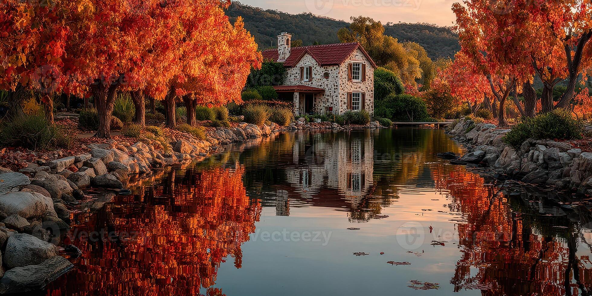 Reflective autumn scene with a quaint cottage surrounded by vibrant foliage near a calm pond photo
