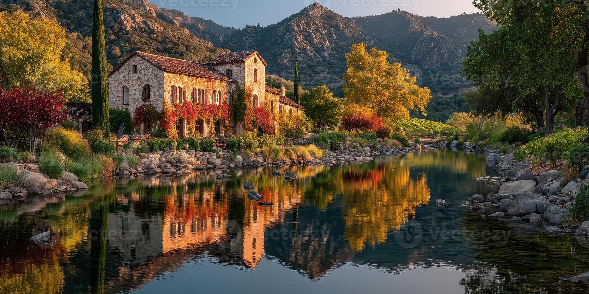 Beautiful countryside landscape with a river reflecting autumn colors and historic building in the background near vineyards photo