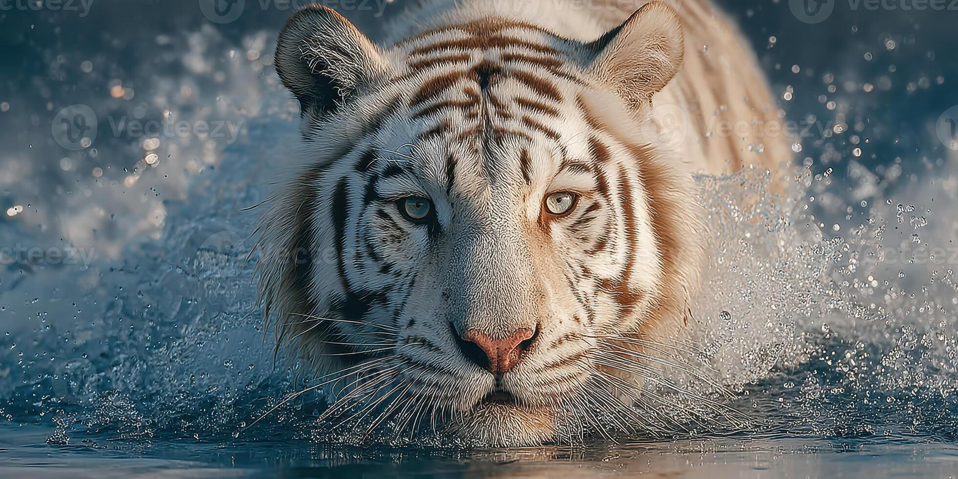 White tiger swims through water creating splashes in a serene habitat, showcasing its beauty and power in nature photo