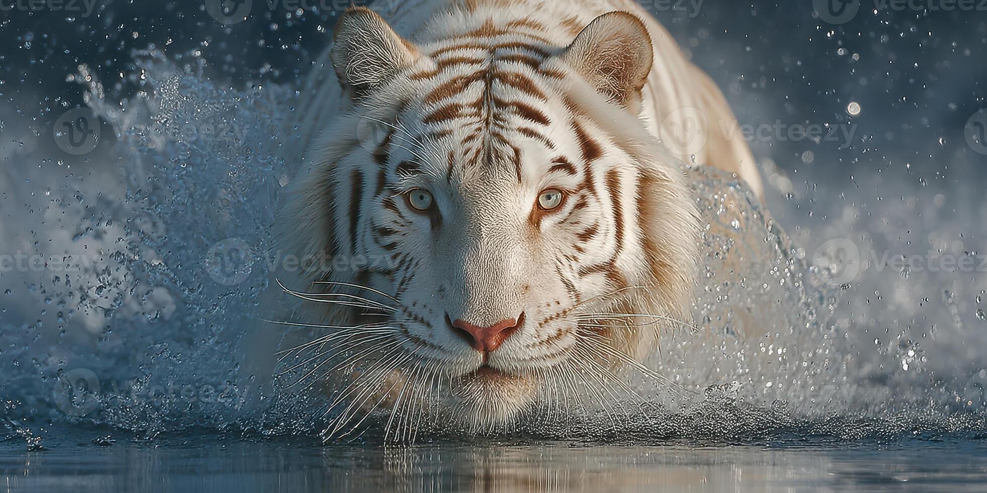 White tiger splashes through water in a serene habitat during the golden hour of dusk photo