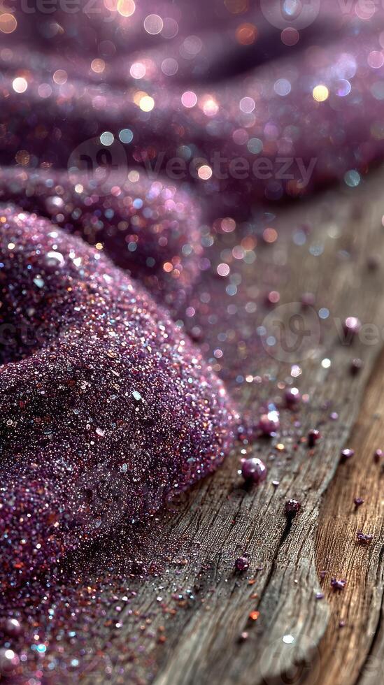 Sparkling purple glitter scattered on weathered wooden surface creating a shimmering effect photo