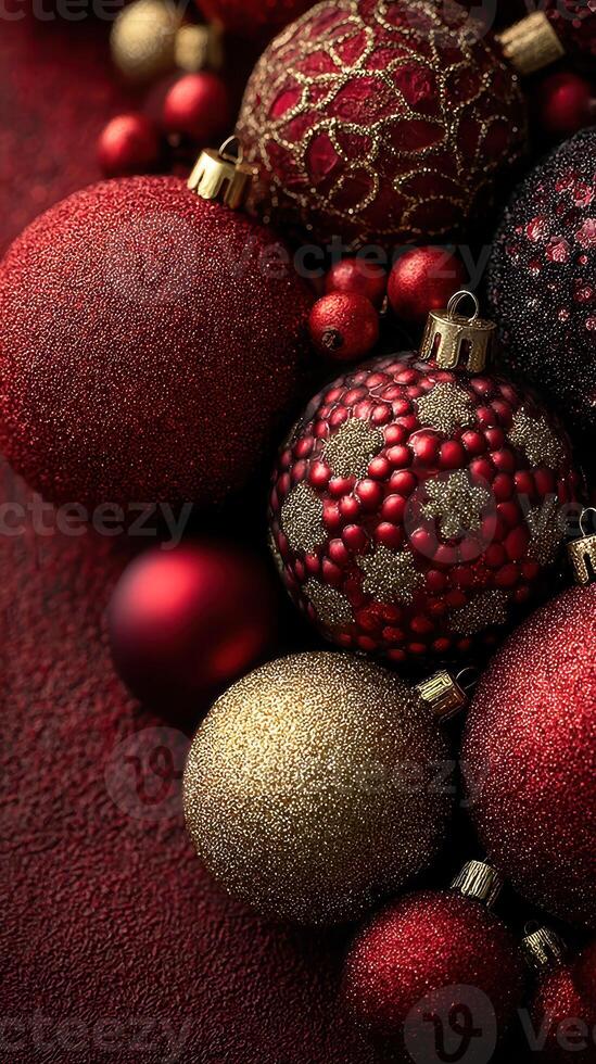 Colorful collection of decorative holiday ornaments arranged beautifully on a textured background photo