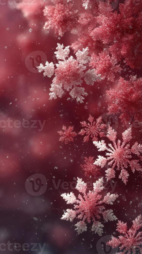 Snowflakes cascade softly against a deep red backdrop, creating a winter wonderland effect with delicate patterns photo