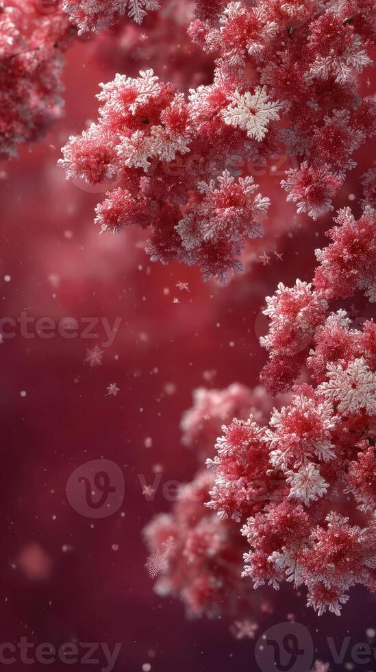 Winter blossoms contrast against a deep red background with delicate snowflakes gently falling in a serene setting photo