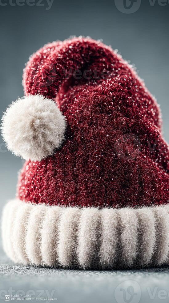 Red festive hat with a fluffy pom-pom displayed on a textured surface, perfect for holiday celebrations and winter festivities photo