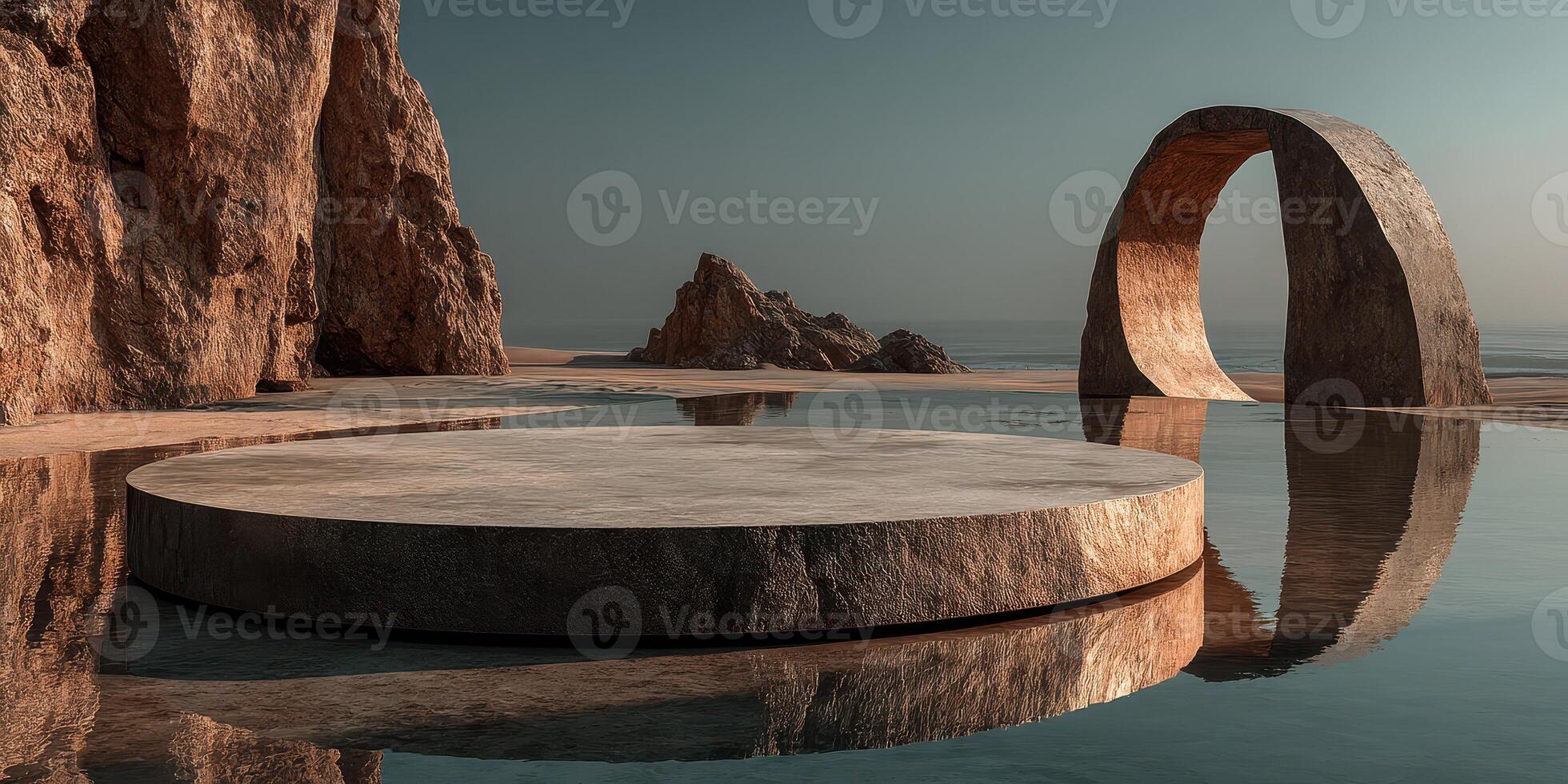 Artistic stone structures reflect in calm waters at the beach during early morning light photo