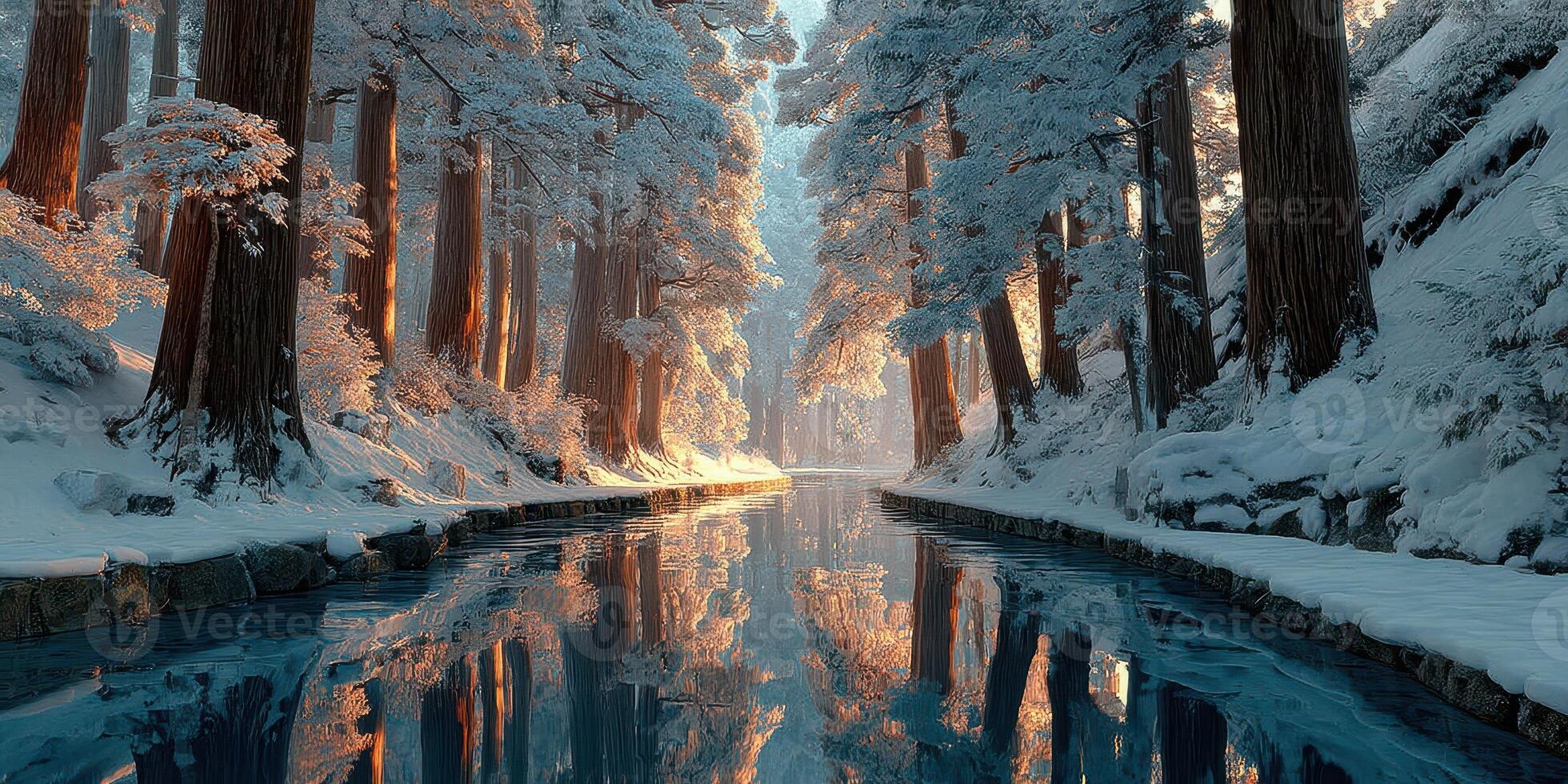 Snow-covered forest reflecting in a tranquil river under soft morning light photo