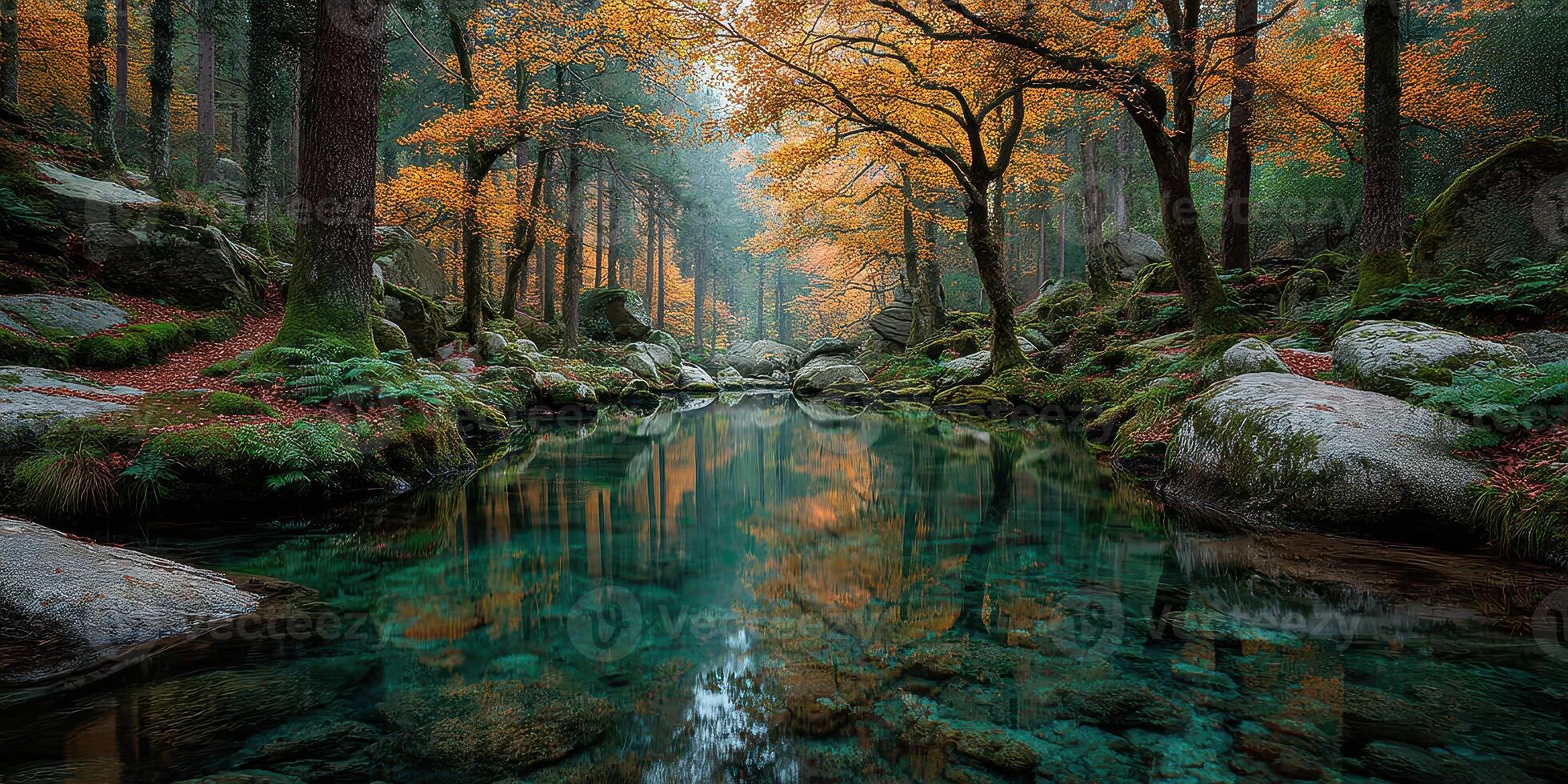 Autumn forest with vibrant orange leaves and tranquil water reflection in a serene natural setting photo