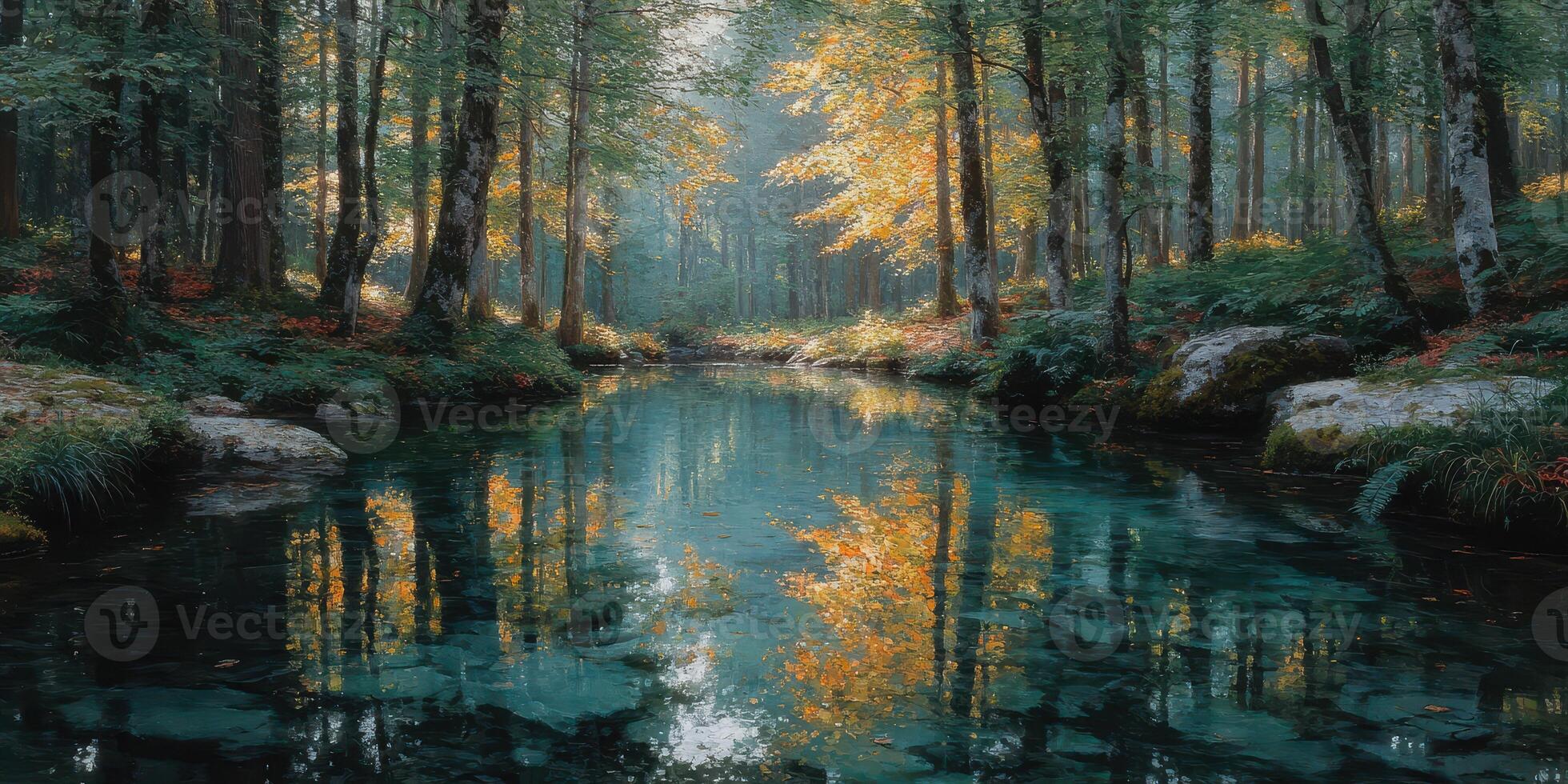 Tranquil forest scene with shimmering water and autumn leaves in a serene natural setting photo