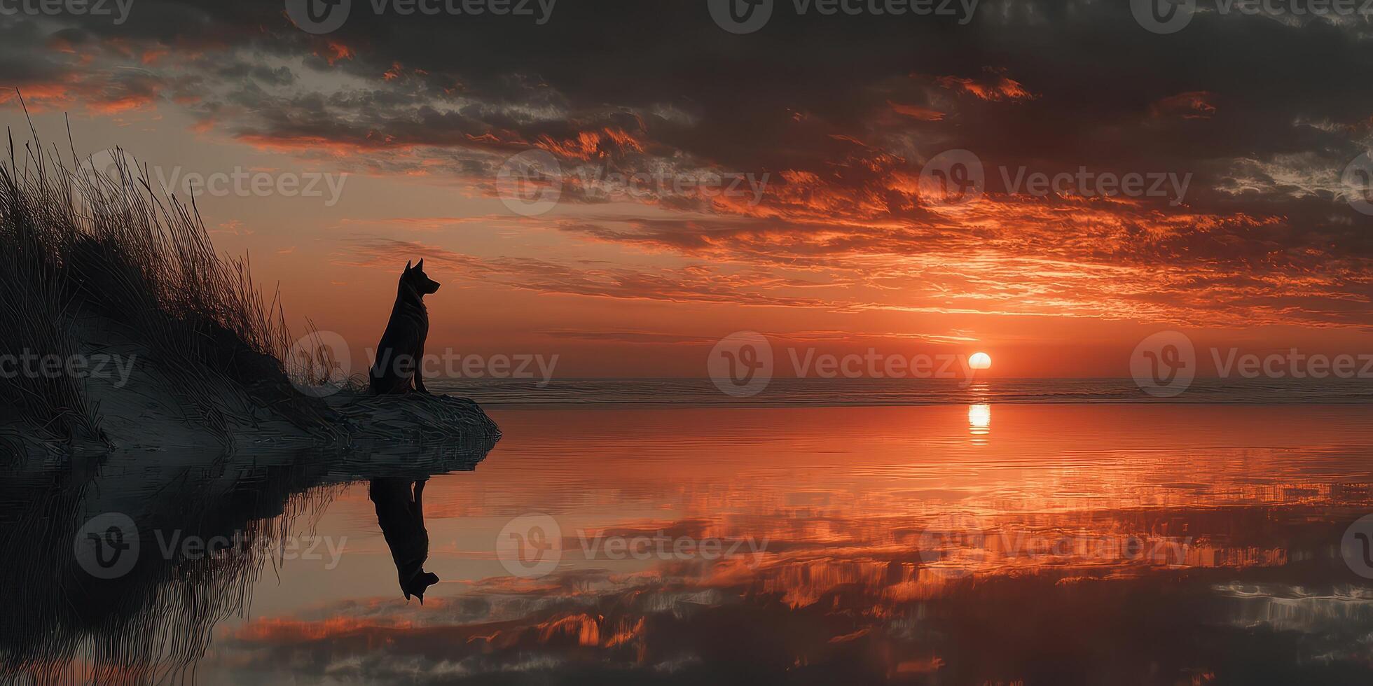 Dog watching sunset by a still lake surrounded by lush grasslands at twilight photo
